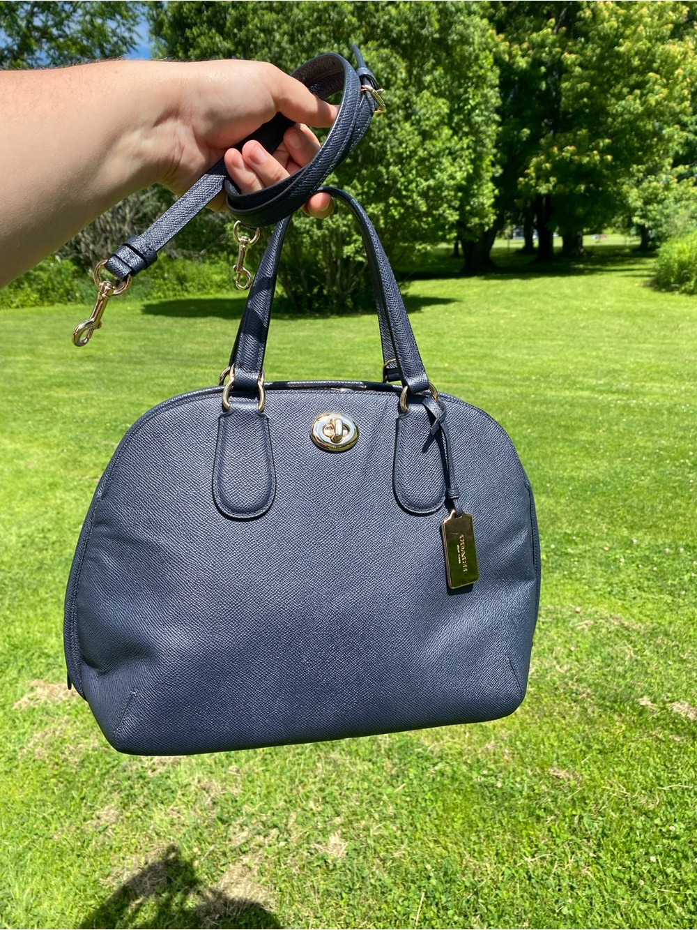 COACH 34939 Prince Street Satchel Midnight Blue Crossgrain Leather Turnlock Dome